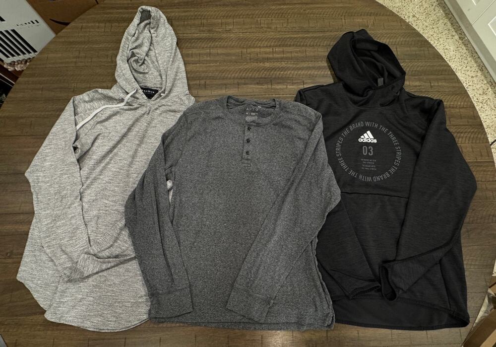 Lot of 3 Mens Long Sleeve Shirts Hoodies Adidas PacSun Apt 9 Small Medium Gray